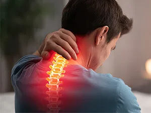 illustration of a spine with pain overlaid on mans neck