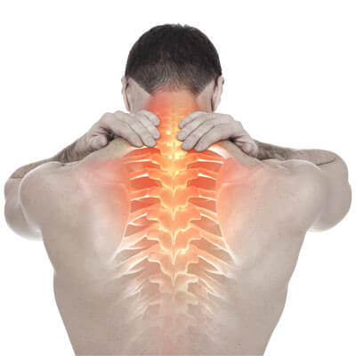 Illustration of the spine and nerves glowing along a man's upper back